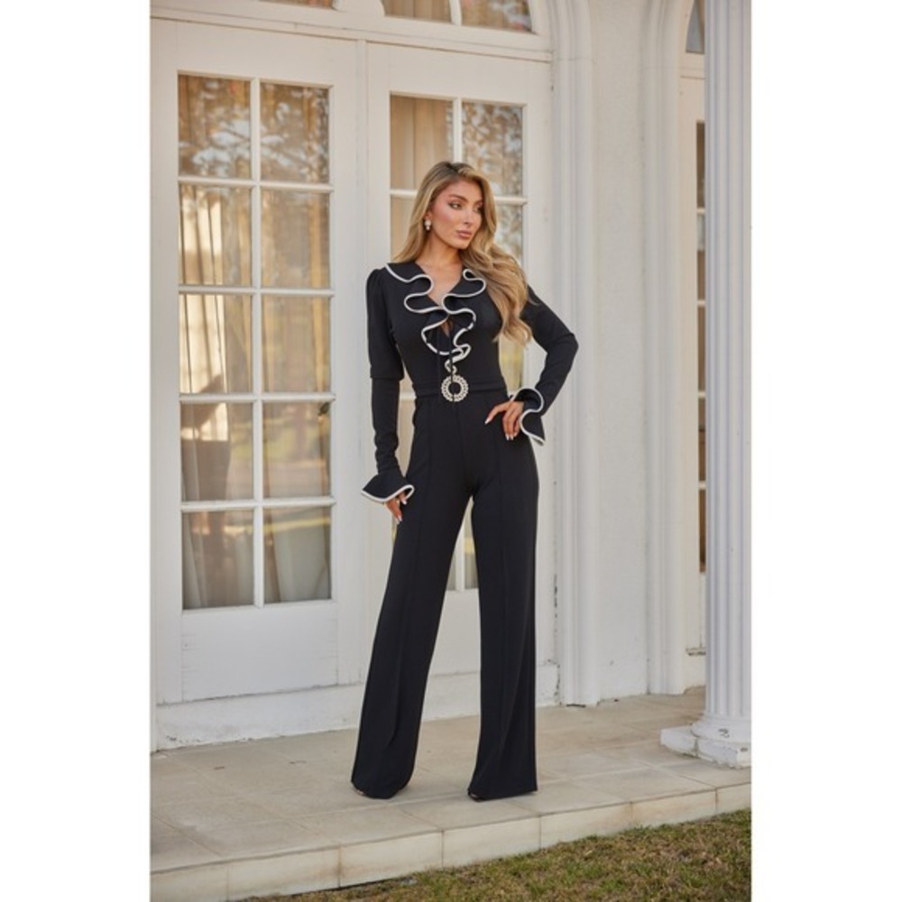 Black Ruffle V-Neck‎ Wide Leg Jumpsuit with White Trim and Buckle Detail